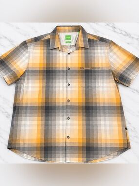 BOSS Men's Yellow & Gray Plaid Short Sleeve Shirt